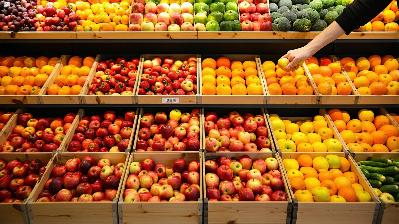 A hand selecting an apple from a bin of red apples and oranges in a grocery store produce section.