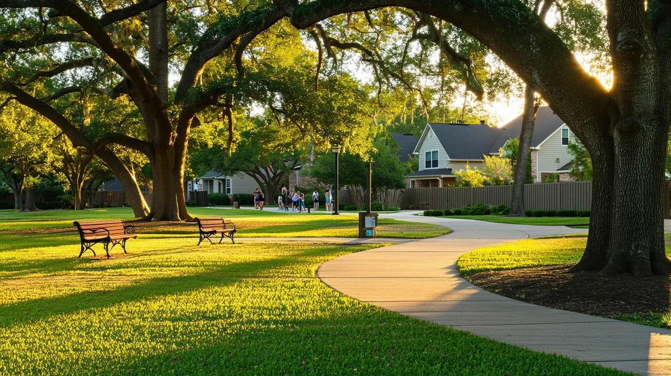 A tranquil park lawn with oak trees and empty benches in a Dallas suburb at sunset.