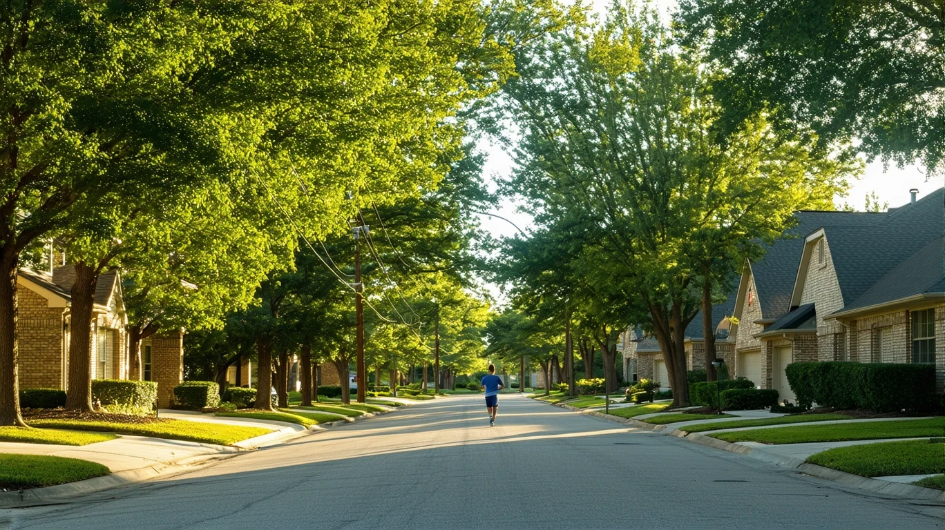 Sunlight filters through maple trees on a tranquil residential street in a Dallas suburb.
