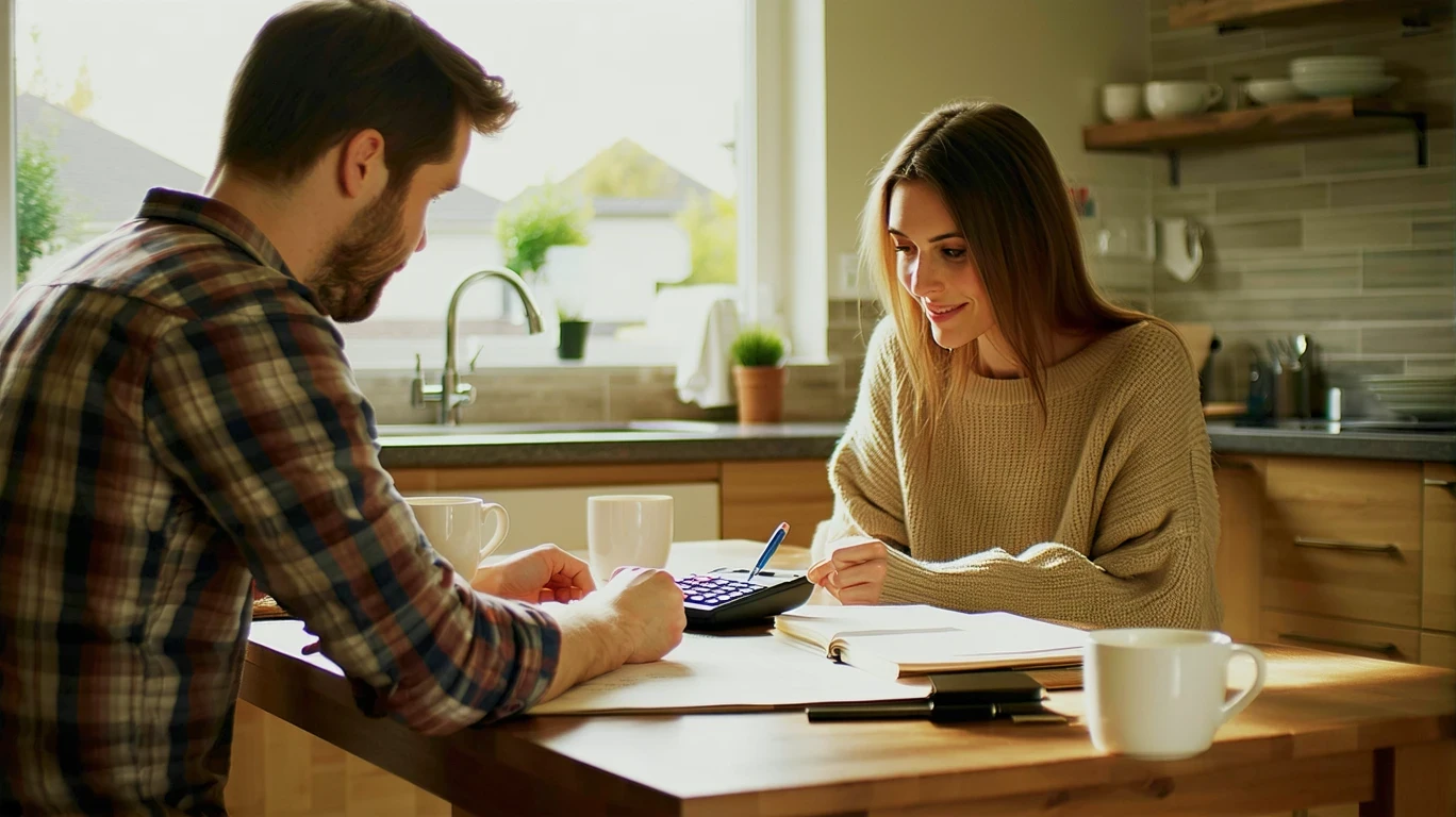 A couple sits at their kitchen table reviewing papers and working on their monthly budget.