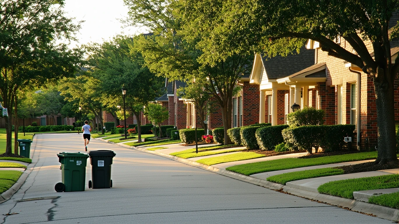 A tree-lined suburban street in Richardson, TX with red-brick houses and a jogger passing by.