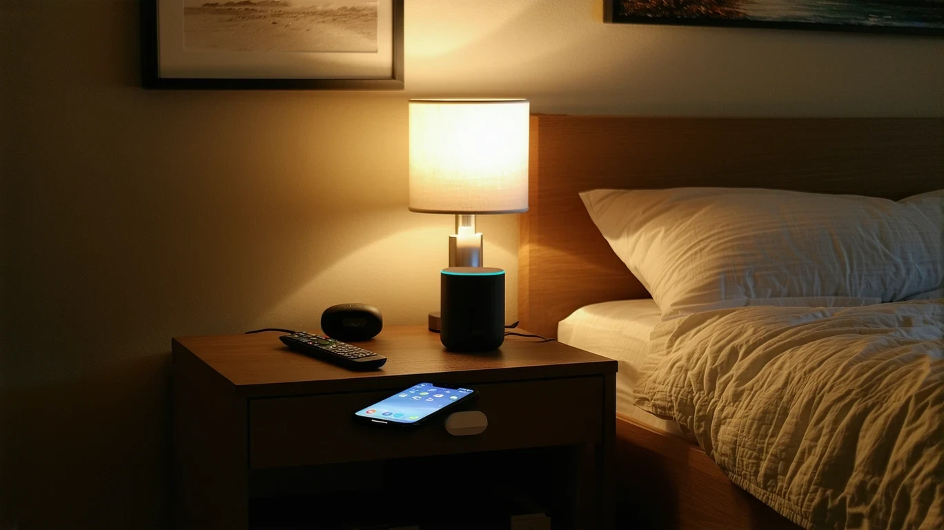A bedroom nightstand with a remote, phone, and smart speaker under a reading lamp.