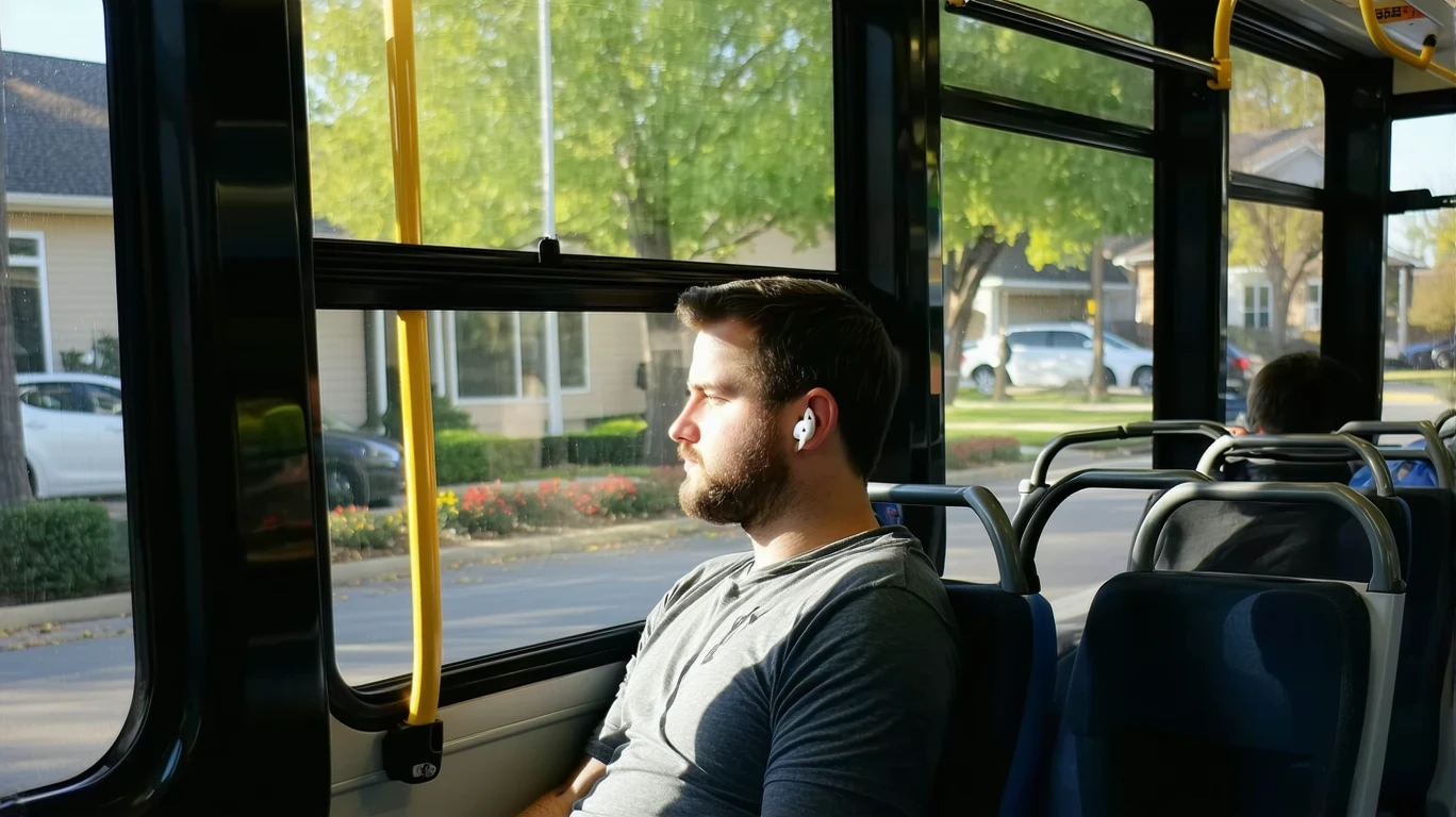 A man sitting on a bus looking out the window at passing trees and houses reflected in the glass.