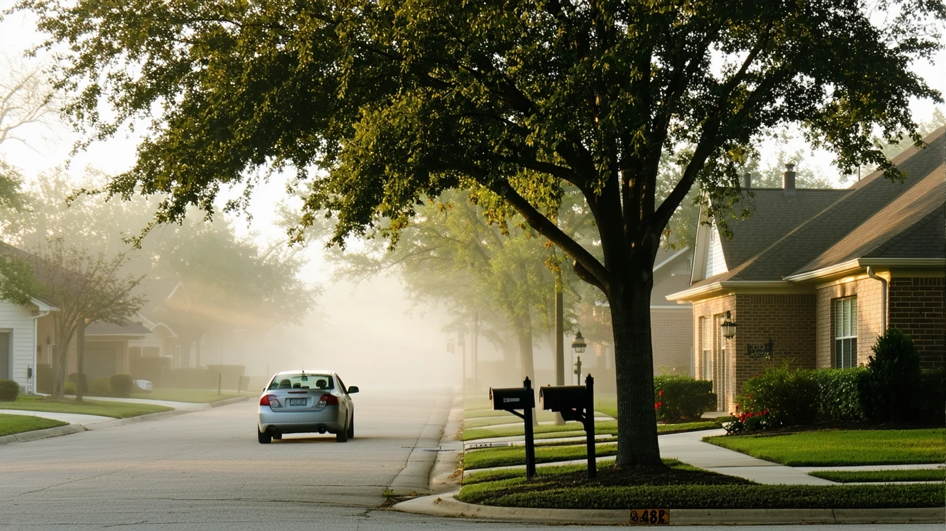 Misty morning street in Richardson, TX with partly obscured mailboxes and sedan under maple tree.
