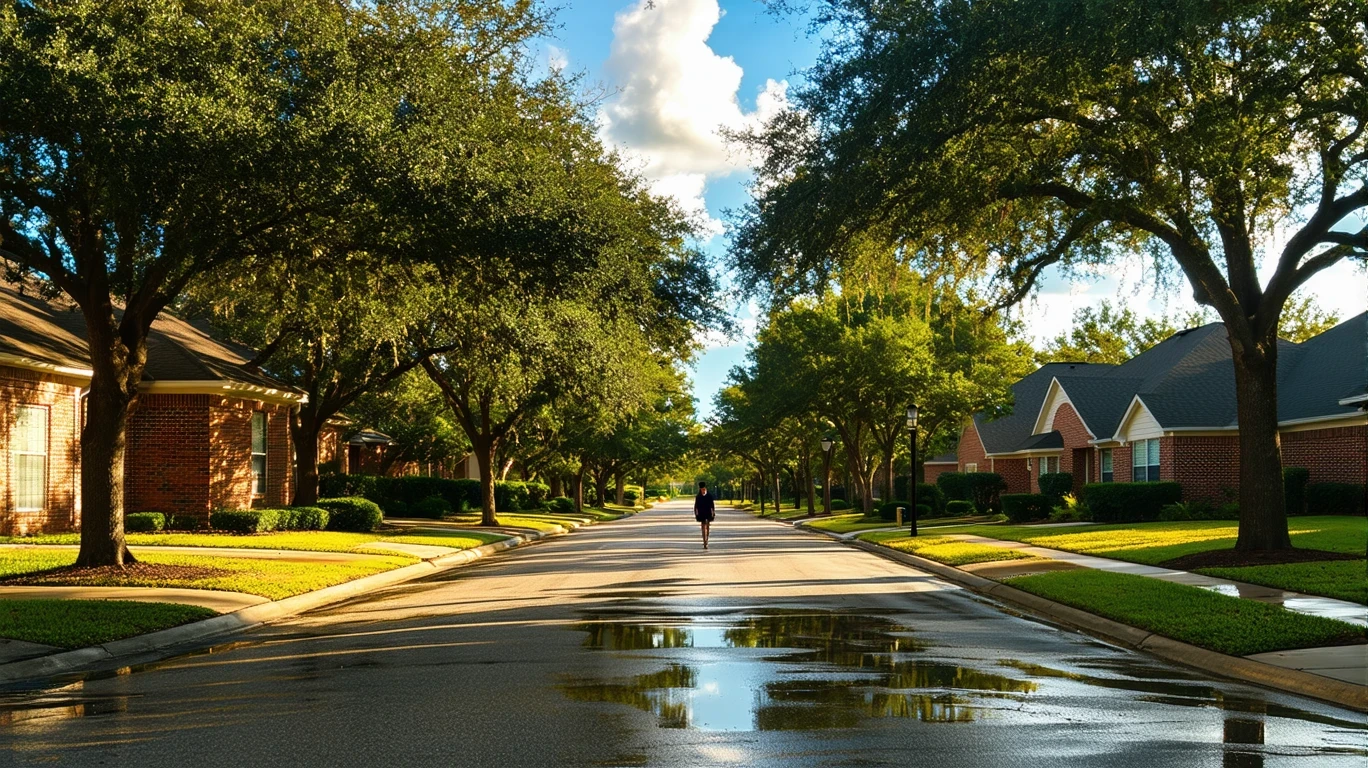 Tree-lined street in Richardson, Texas with wet asphalt and palm tree reflections after rain.
