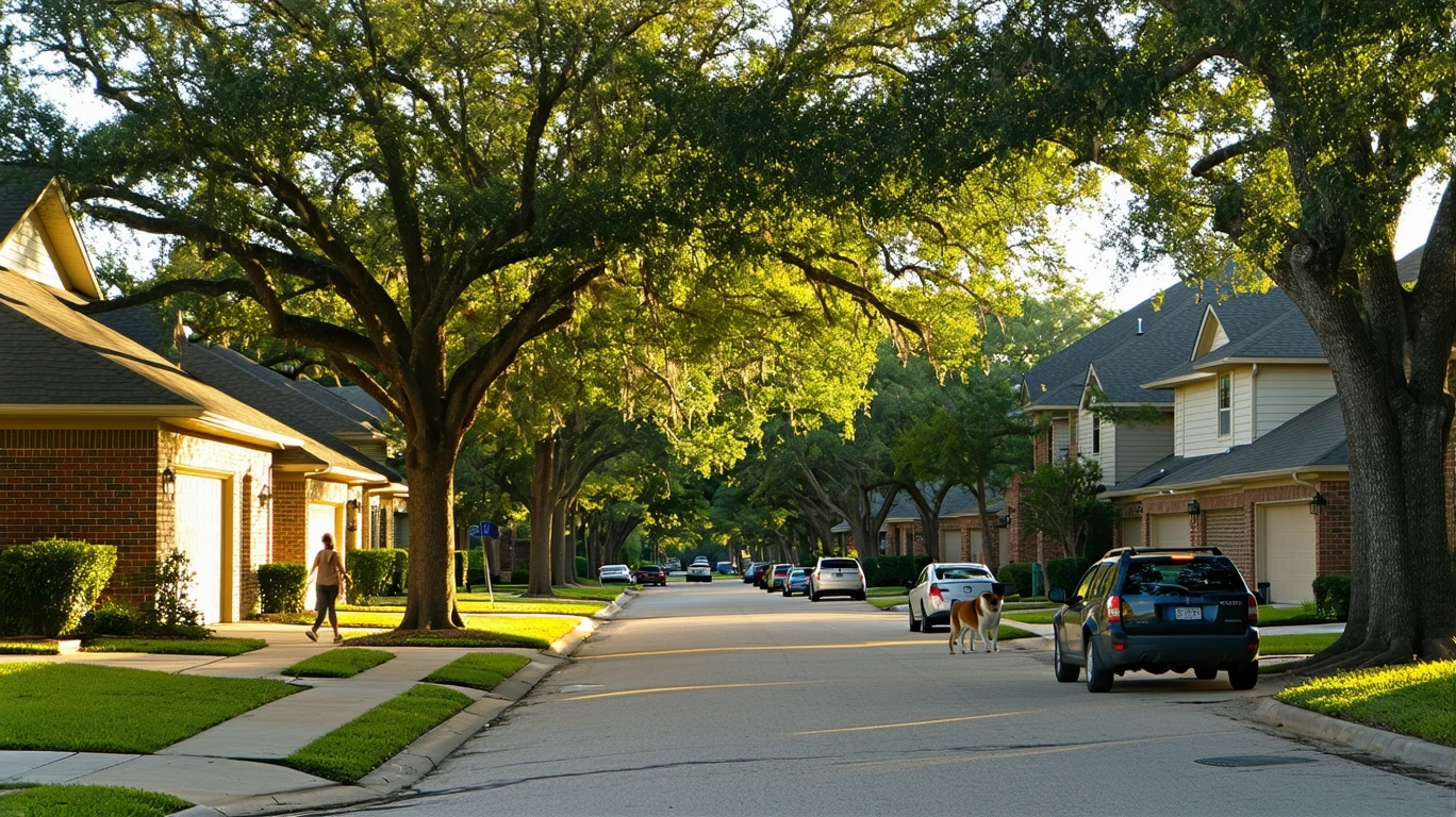 Tree-lined residential street in Richardson, Texas on a sunny day.