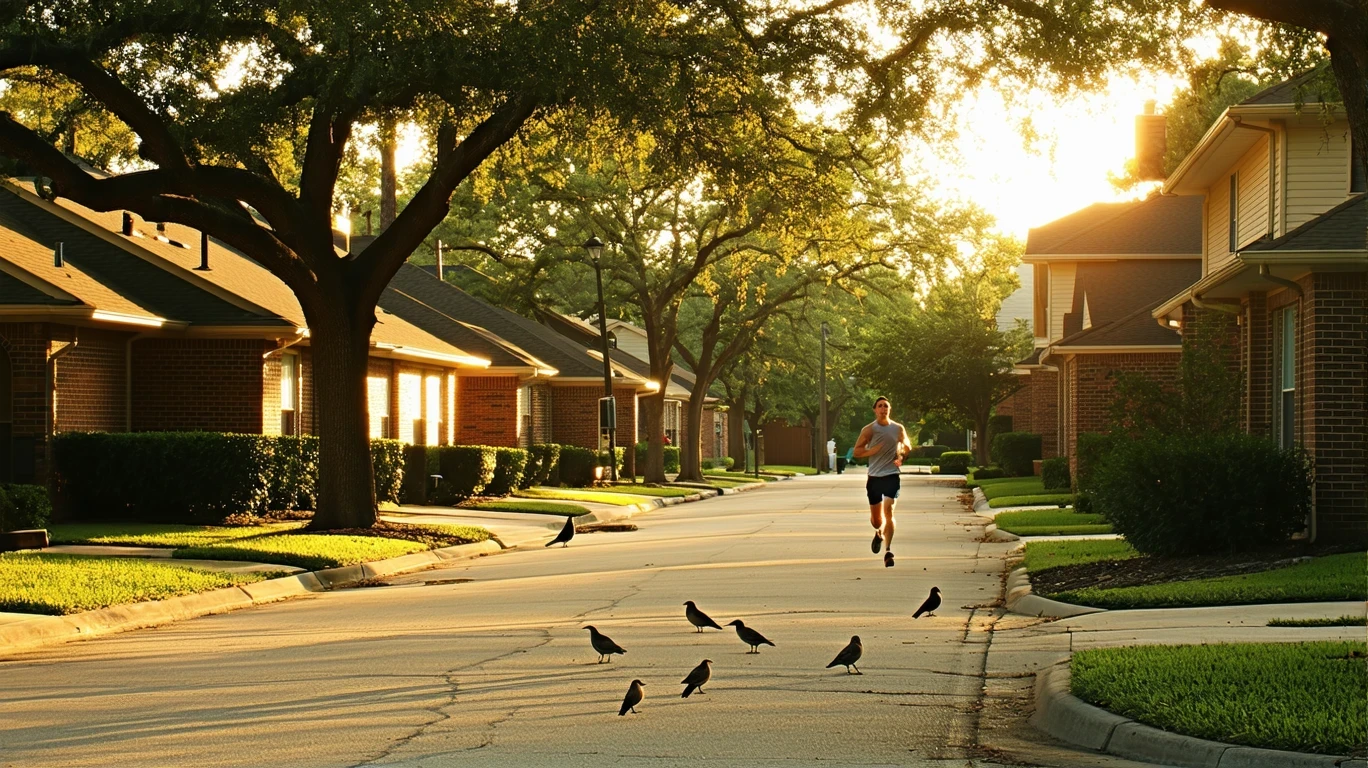 A tree-lined residential street in Richardson, Texas at sunrise with one-story homes and a jogger in the distance.