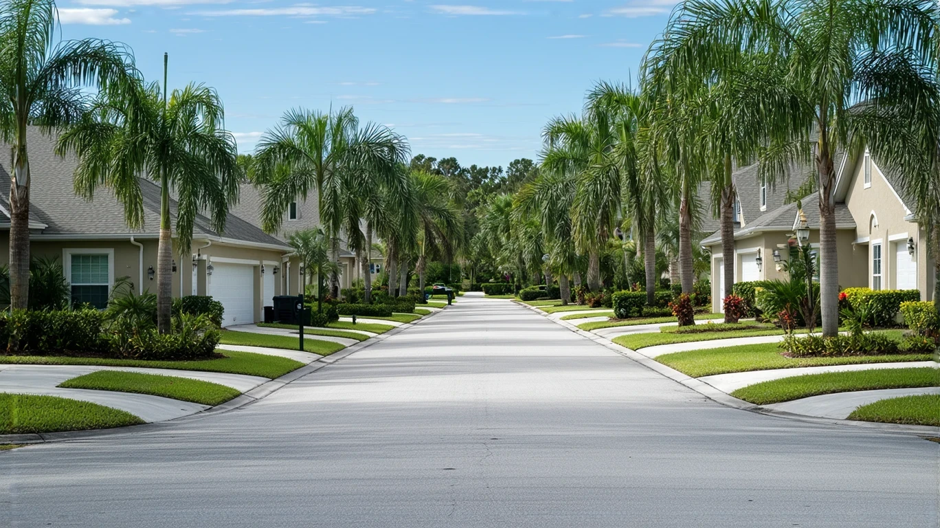 A sunny residential street in Riverview, Florida lined with stucco homes and palm trees.