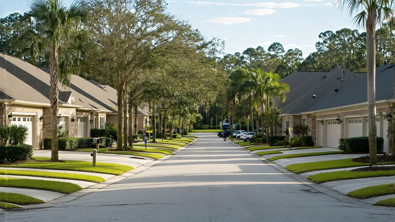 Suburban street in Riverview, Florida with well-maintained stucco homes, palm trees and a couple walking their dog on the sidewalk.