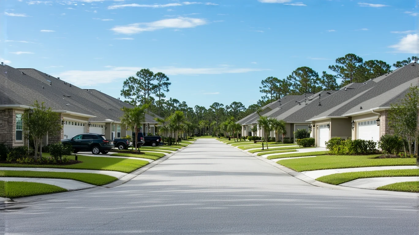 Suburban street in Riverview, Florida with modest stucco homes and mid-range cars parked in driveways on a sunny day