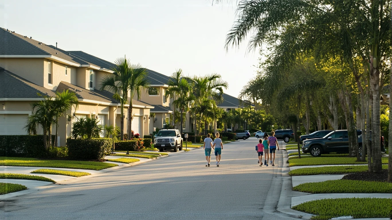 A sunny suburban street in Riverview, Florida with stucco homes, tropical landscaping, and a family walking on the sidewalk.