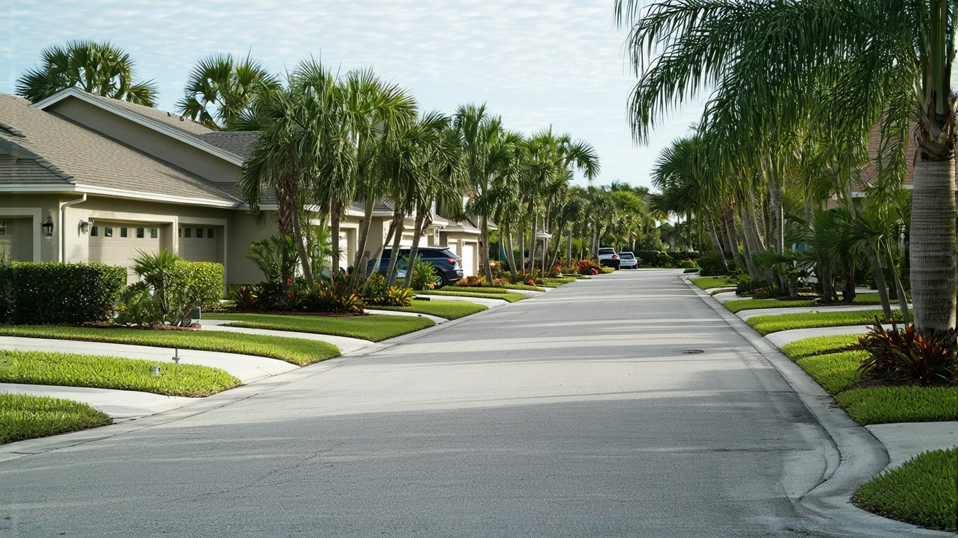 A quiet suburban street in Riverview, Florida with modest homes and an electric car parked in a driveway.