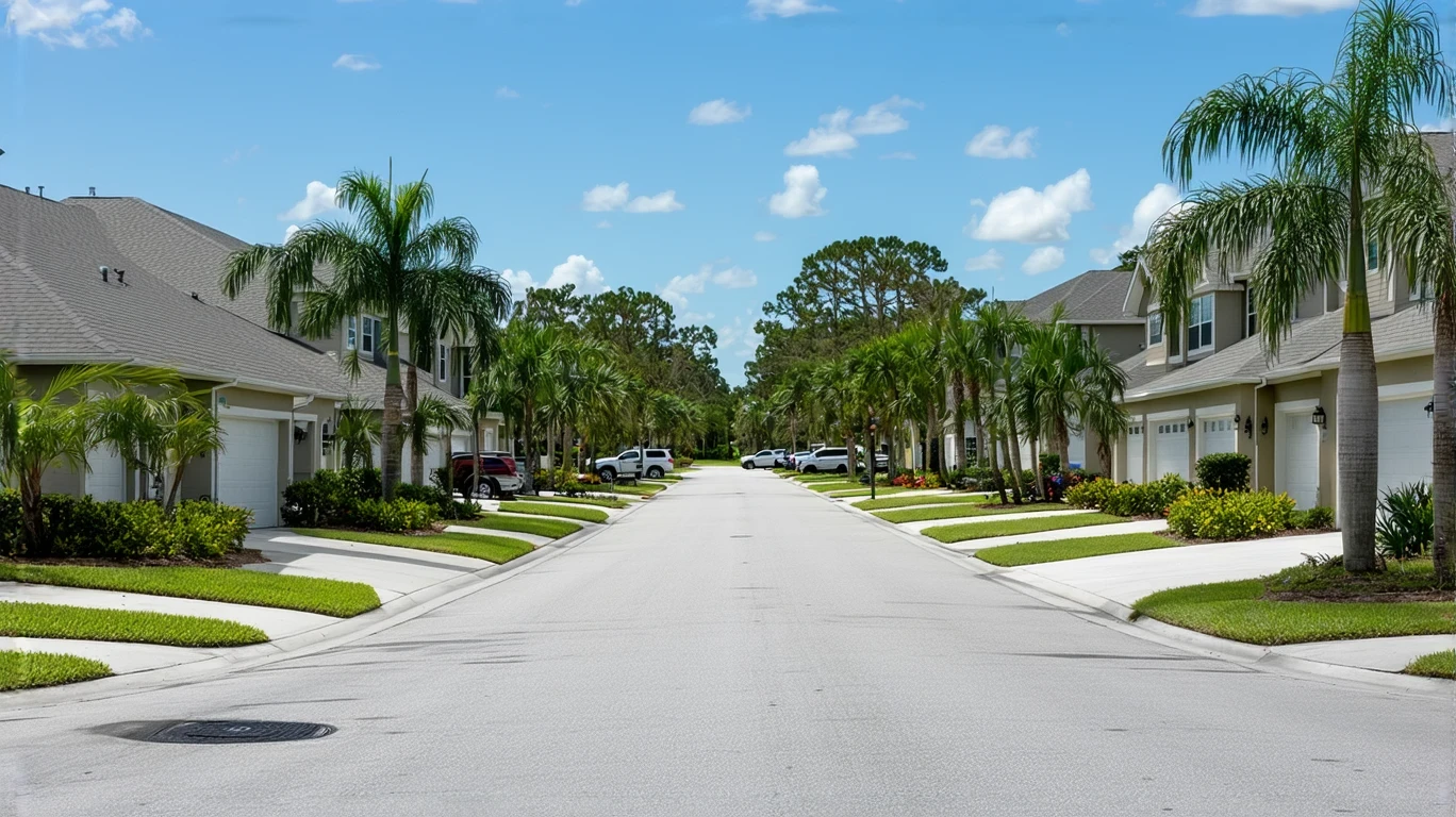A suburban street in Riverview, Florida lined with modest single-family homes and palm trees.