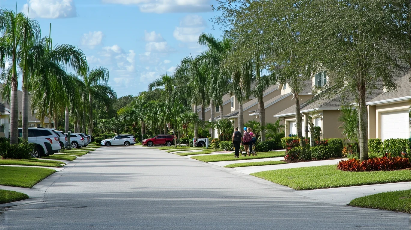 A sunny street in Riverview, Florida lined with stucco homes and tropical landscaping. An older couple walks their dog on the sidewalk.