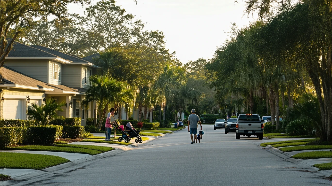 A residential street in Riverview, Florida with craftsman homes, tropical landscaping, and people out walking and socializing.