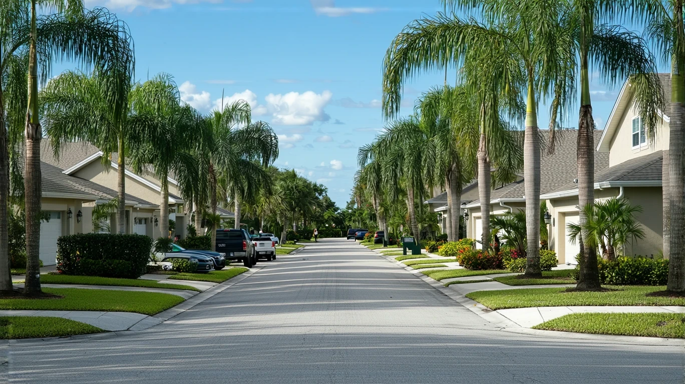 A quiet suburban street in Riverview, Florida lined with modest stucco homes and tropical landscaping.