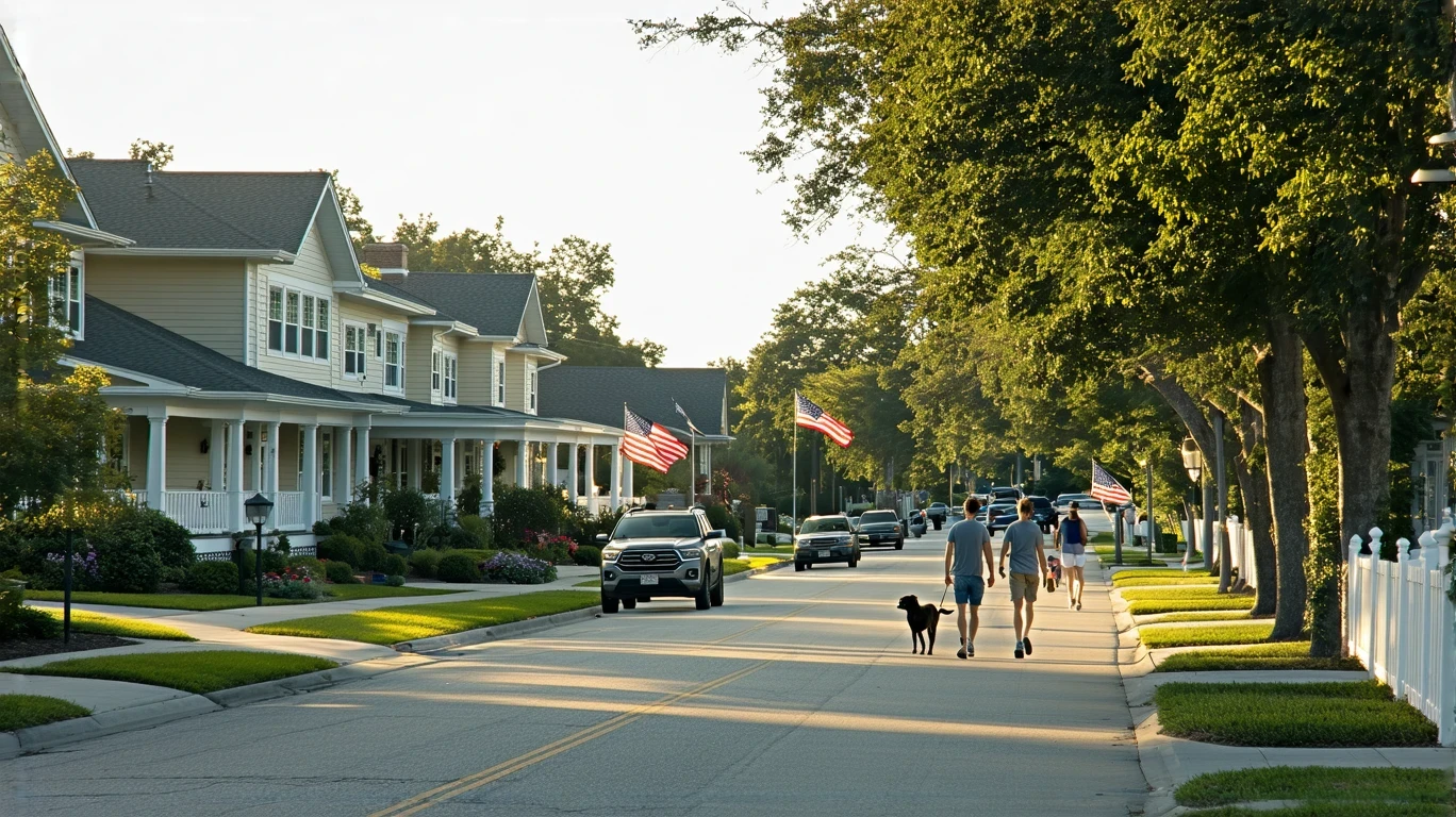 A sunny suburban street in Riverview, Florida with well-kept homes, landscaping, and a couple walking their dog on the sidewalk.