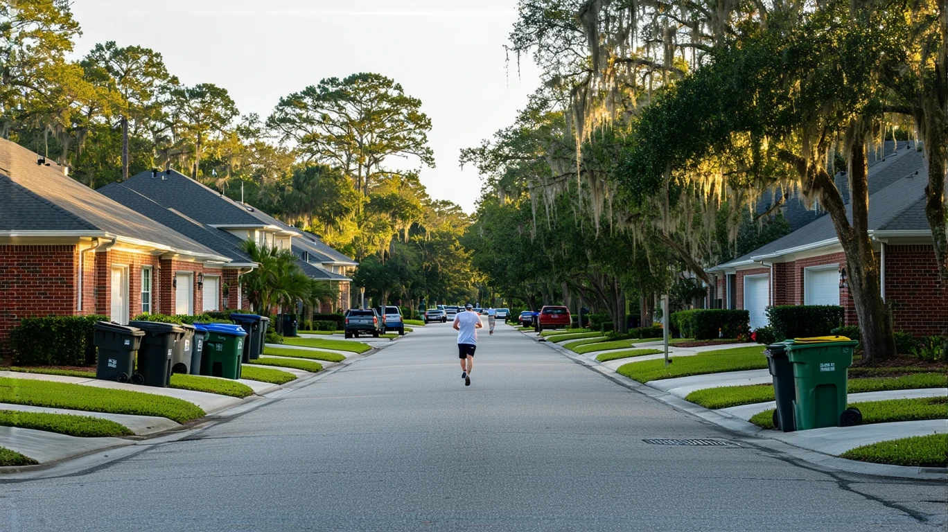 A peaceful morning street in Brandon, Florida with brick homes, bins out for pickup, and a jogger passing by.