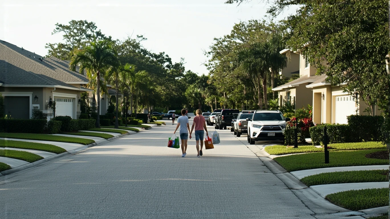 A couple walking with groceries down a sunny suburban street lined with modest homes and cars.