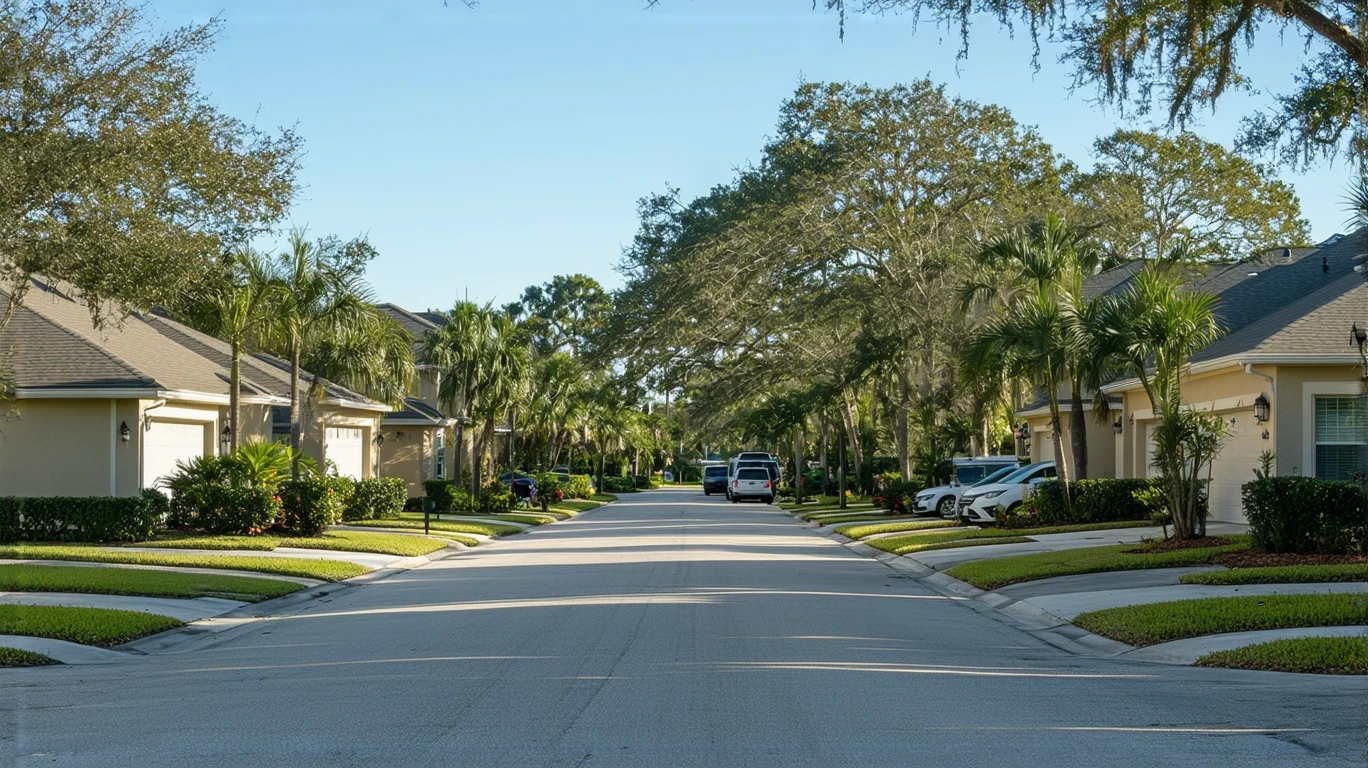 A HART bus driving through a residential Riverview, Florida neighborhood on a sunny day.