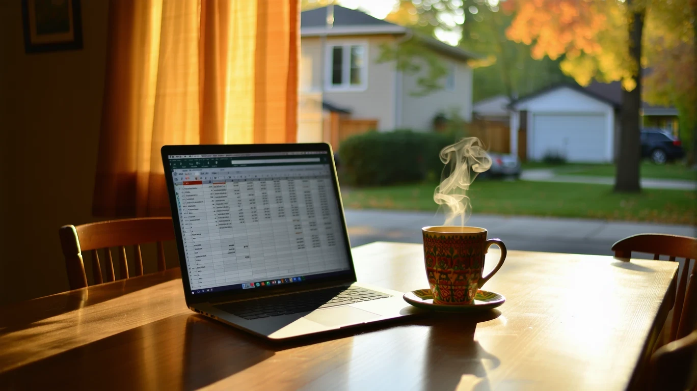 An open laptop showing a budgeting spreadsheet on a dining table, with coffee and a view of trees outside.