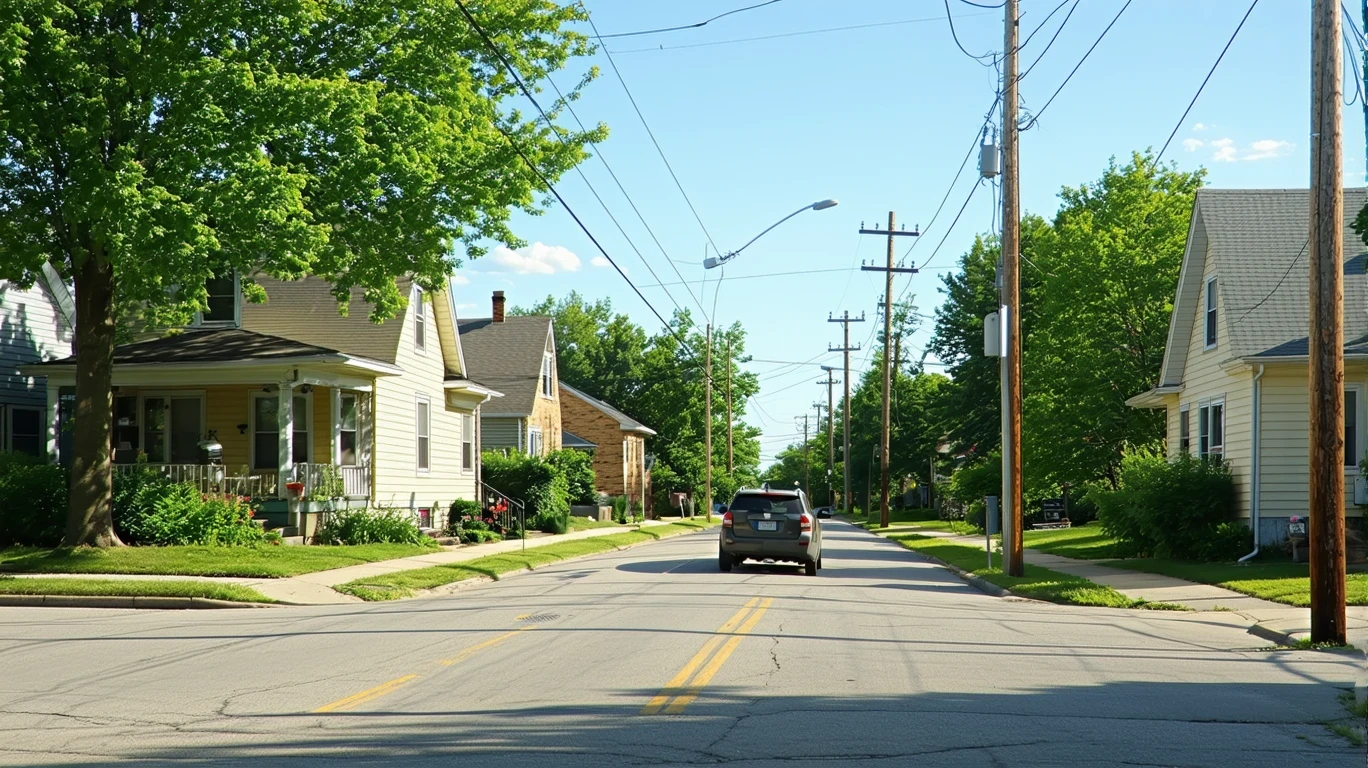 A sunny street corner in a modest Saint Paul neighborhood with small single-story homes and an older parked car.