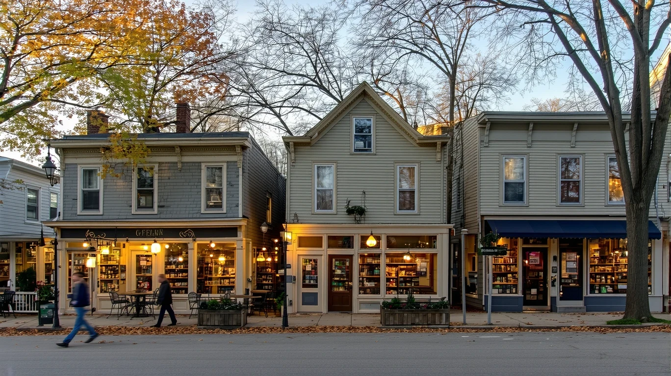 A quiet street in Saint Paul, MN at dusk, with small local shops beside neat houses and golden trees.