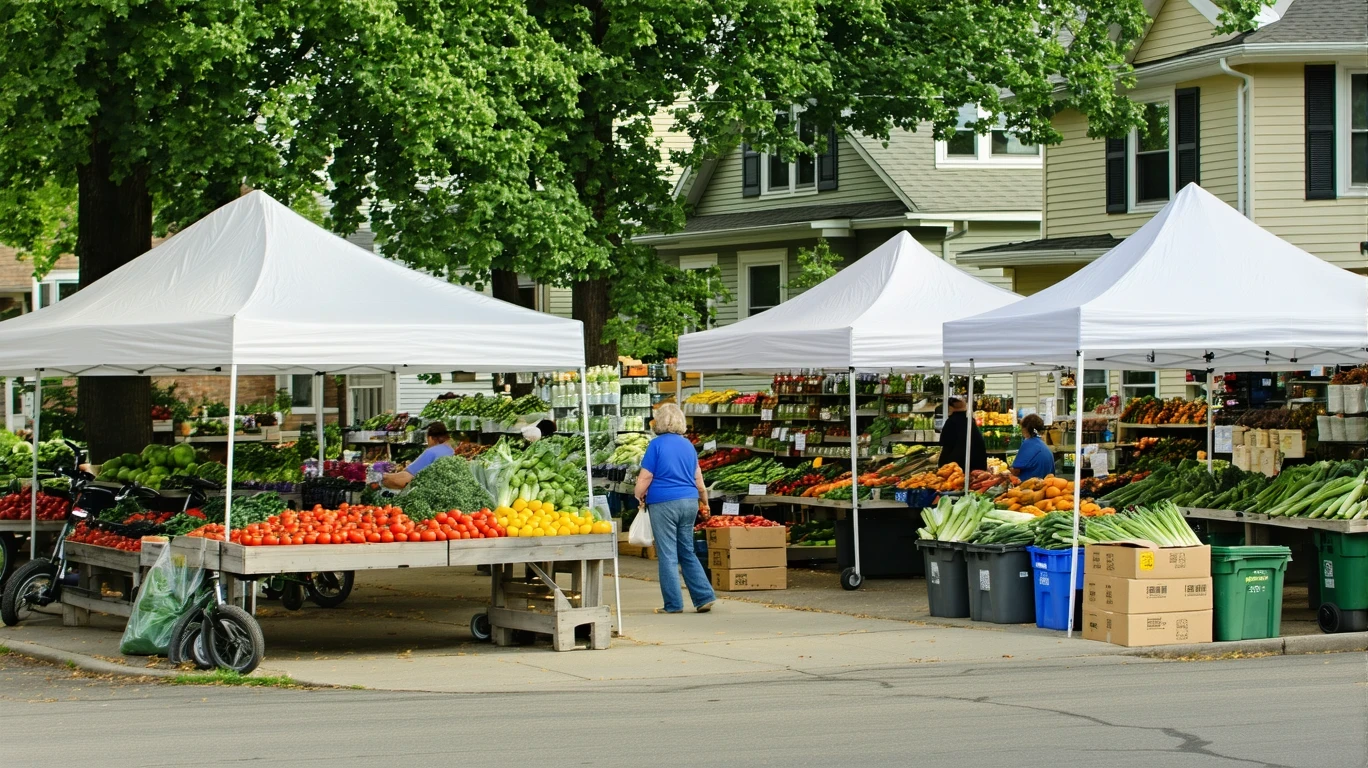 A suburban farmer's market in Saint Paul, Minnesota on a summer morning, with vendors setting up produce under tents.