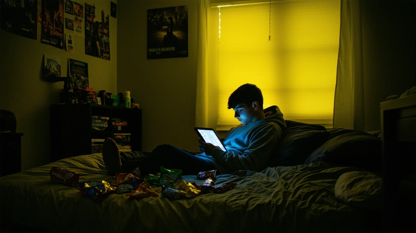 A teenager using a tablet while curled up on a bed in a dimly lit bedroom.