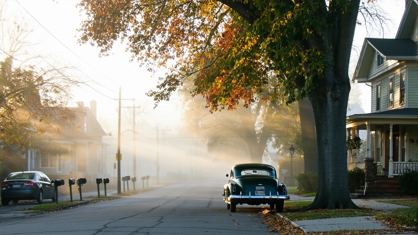 A foggy fall morning on a residential street in Saint Paul, Minnesota with an old car parked under a maple tree.