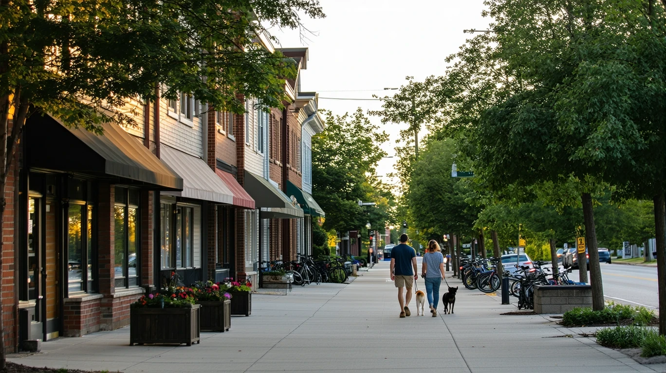 A peaceful street in Saint Paul at dusk, with local shops beside neighborhood homes and a couple walking their dog on the sidewalk.