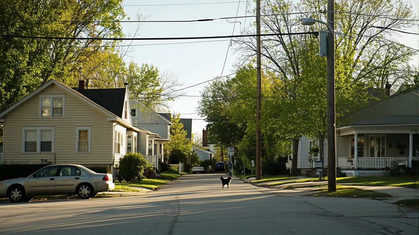 A residential street corner in Saint Paul with modest homes, patchy lawns, power lines, and a person walking a dog in the distance.