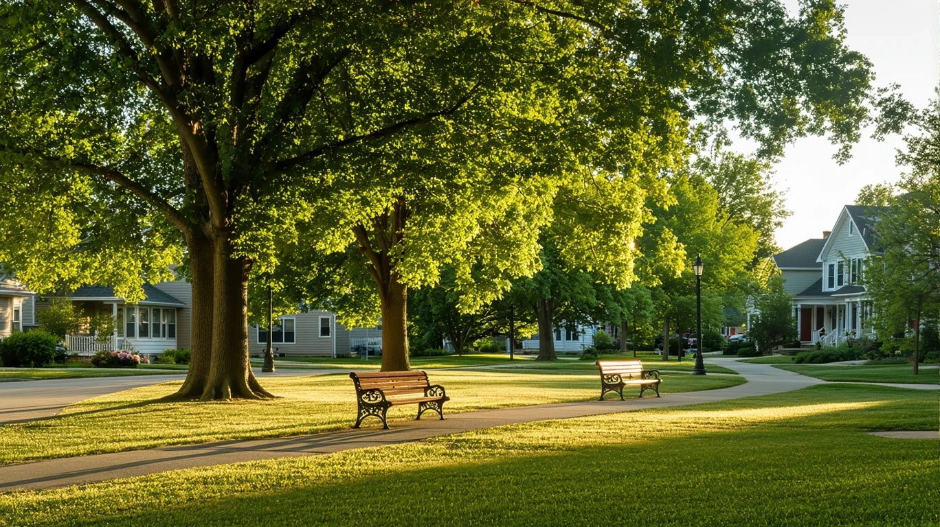 A quiet neighborhood park with oak trees, empty benches, and golden hour light on the lawn.