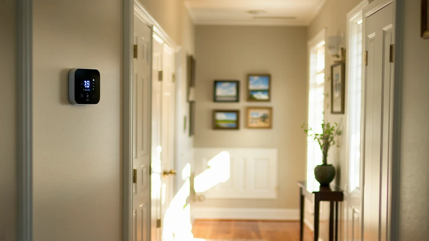A hand adjusting a smart thermostat mounted in a residential hallway.