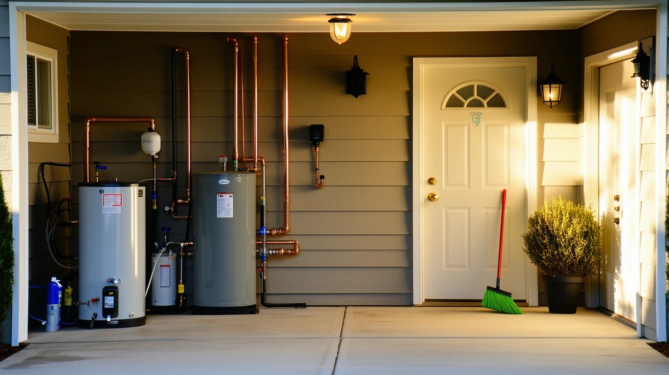 Interior garage corner with water heater, pipes, and broom in afternoon light.