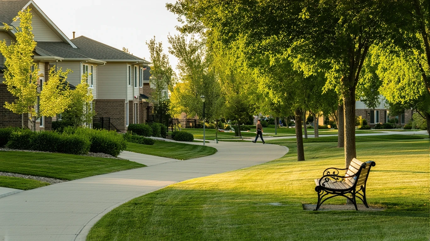 A peaceful neighborhood park in Salt Lake City with a path, bench, and bordering homes.