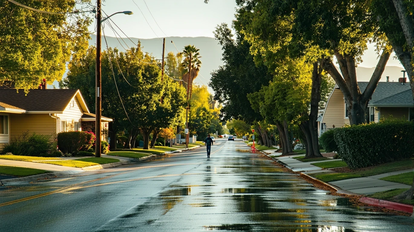 A tree-lined street in Salt Lake City after a rain shower, with houses in the background and a person walking.