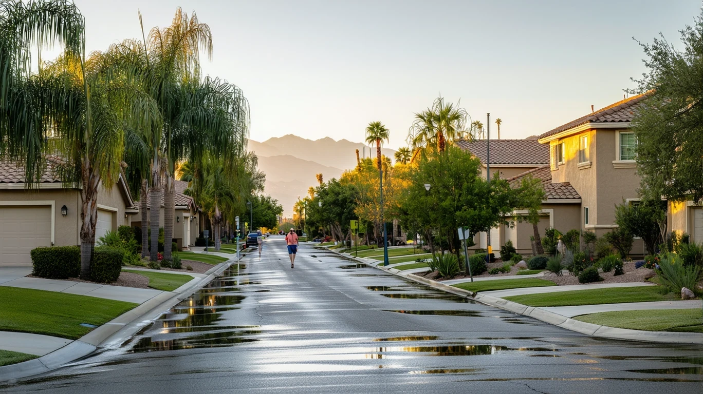 A suburban street in Salt Lake City with palm trees reflected in puddles on the sidewalk after a rain shower, a few people walking in the distance.