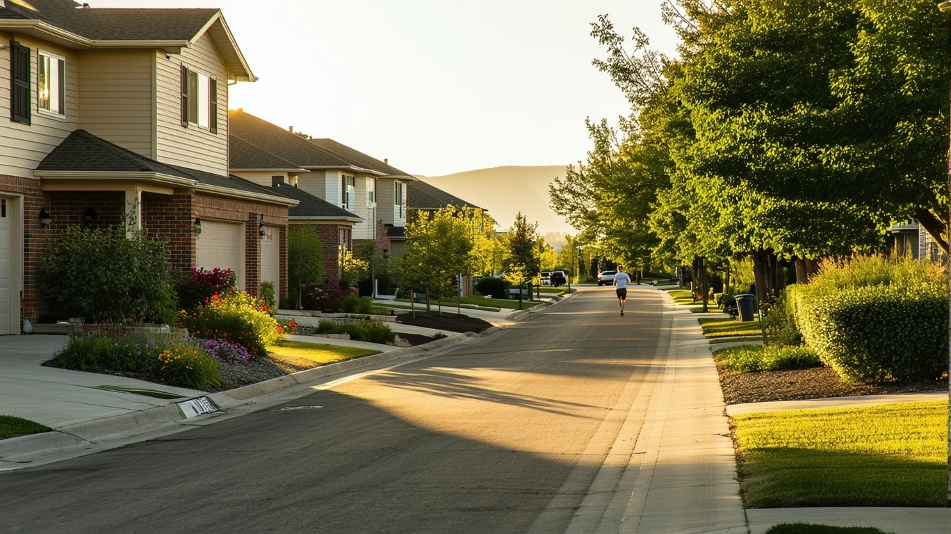 A view down a cul-de-sac in Sandy, Utah with a low brick wall, native landscaping, and sunlight casting long shadows across the pavement in early morning.