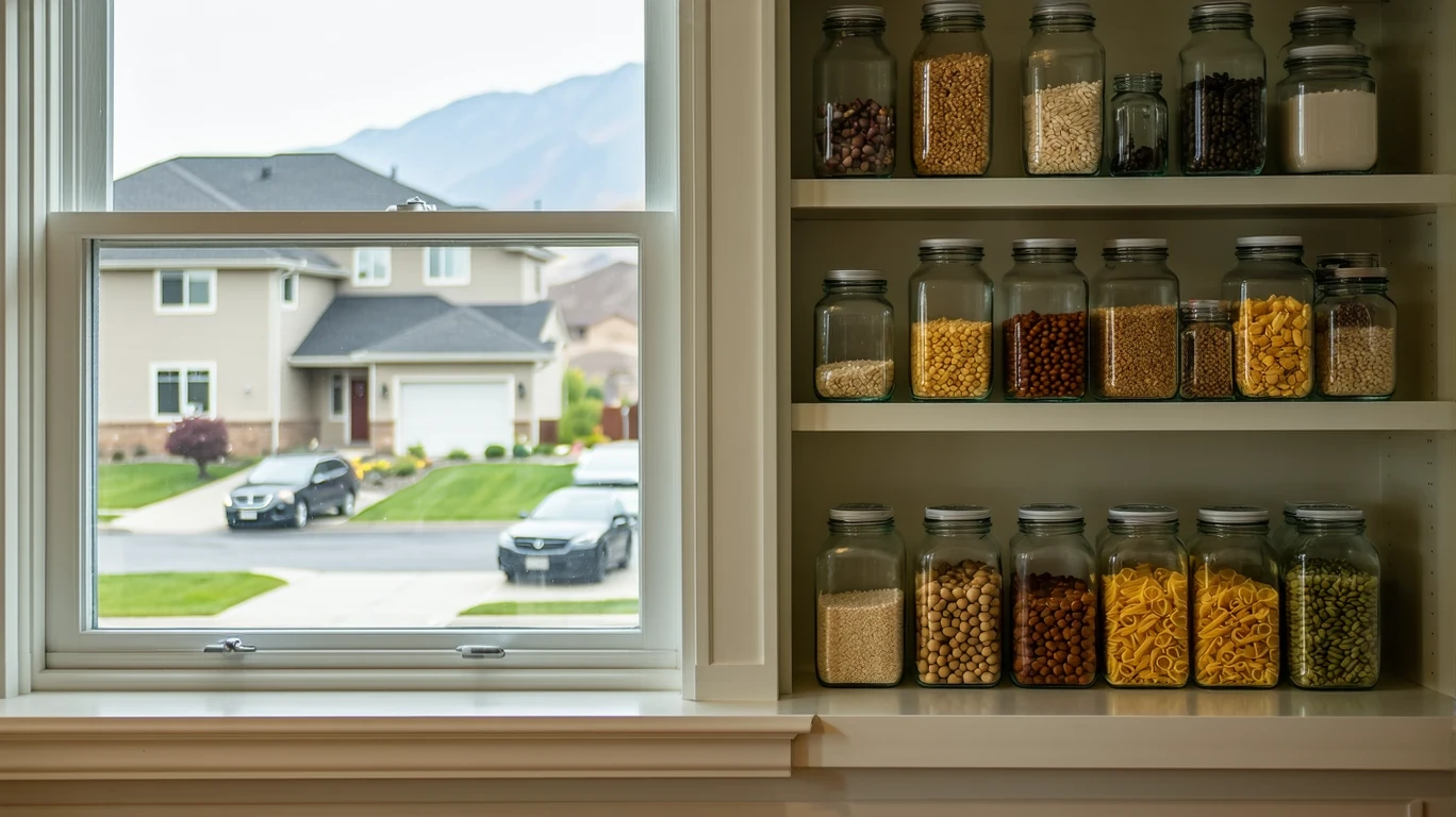 A pantry shelf with jars of beans, pasta, and rice, lit by a kitchen window.