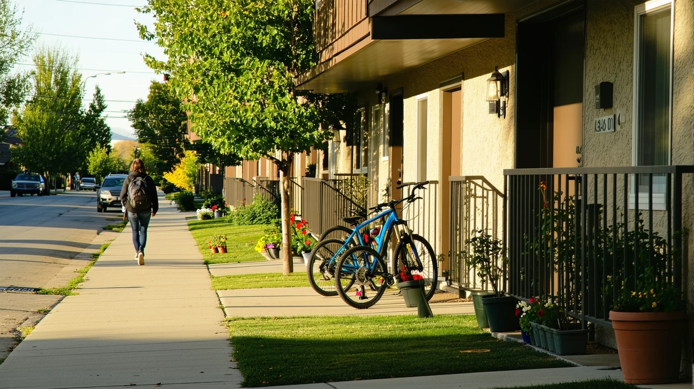 A row of small apartments in Salt Lake City with potted plants and bikes by the doors.