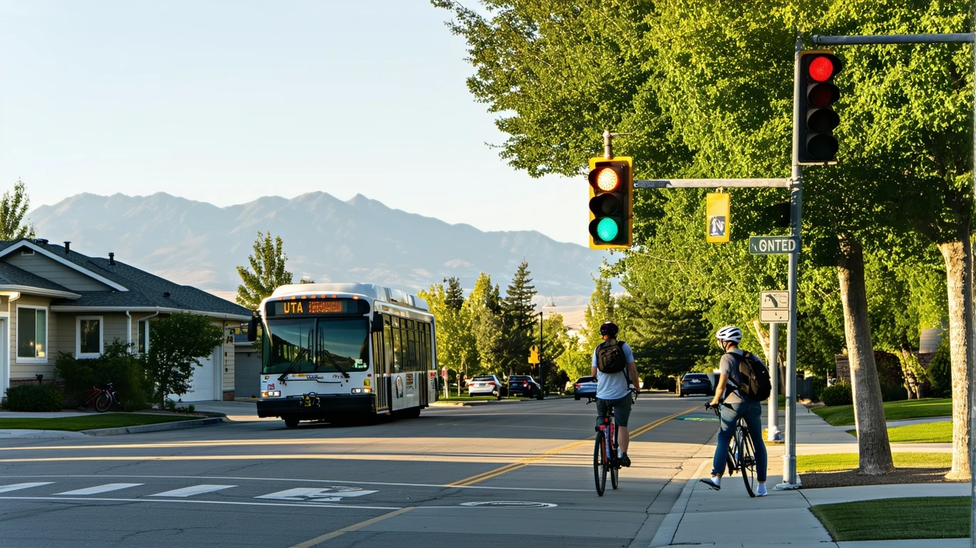 A city bus approaches a crosswalk in a suburban Salt Lake City neighborhood as a cyclist waits to cross.
