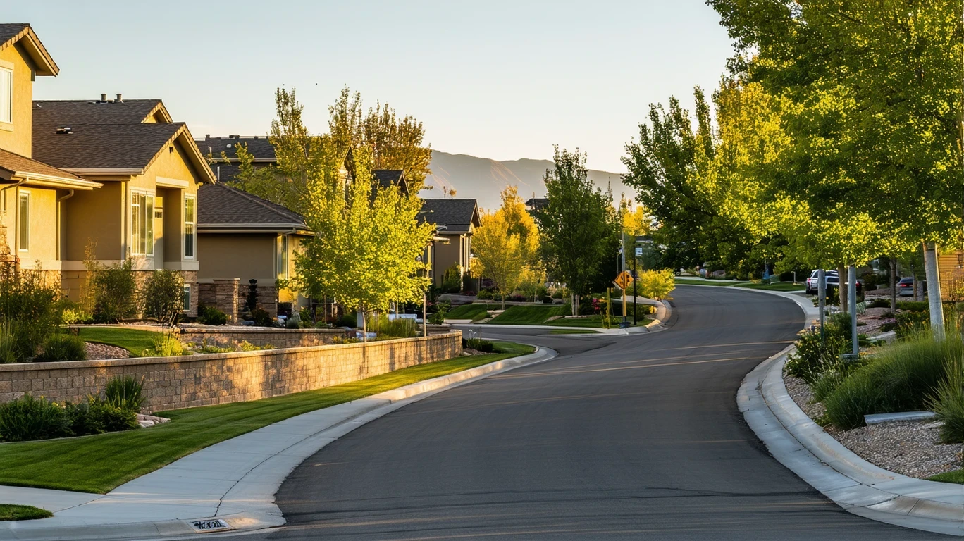 A view down a suburban cul-de-sac lined with single-family homes and native landscaping in morning light.