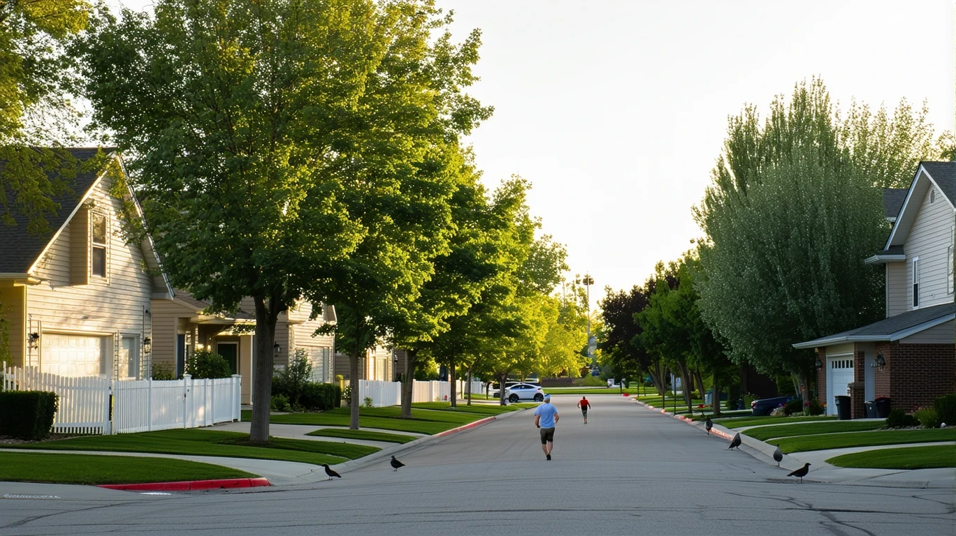 Suburban street in Salt Lake City with single-story homes, leafy trees casting long shadows, and a jogger in the distance on a summer morning.
