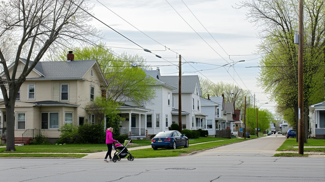 Neighborhood street corner in Taylorsville with older homes, patchy lawns, a parked car, and a woman pushing a stroller on the sidewalk.