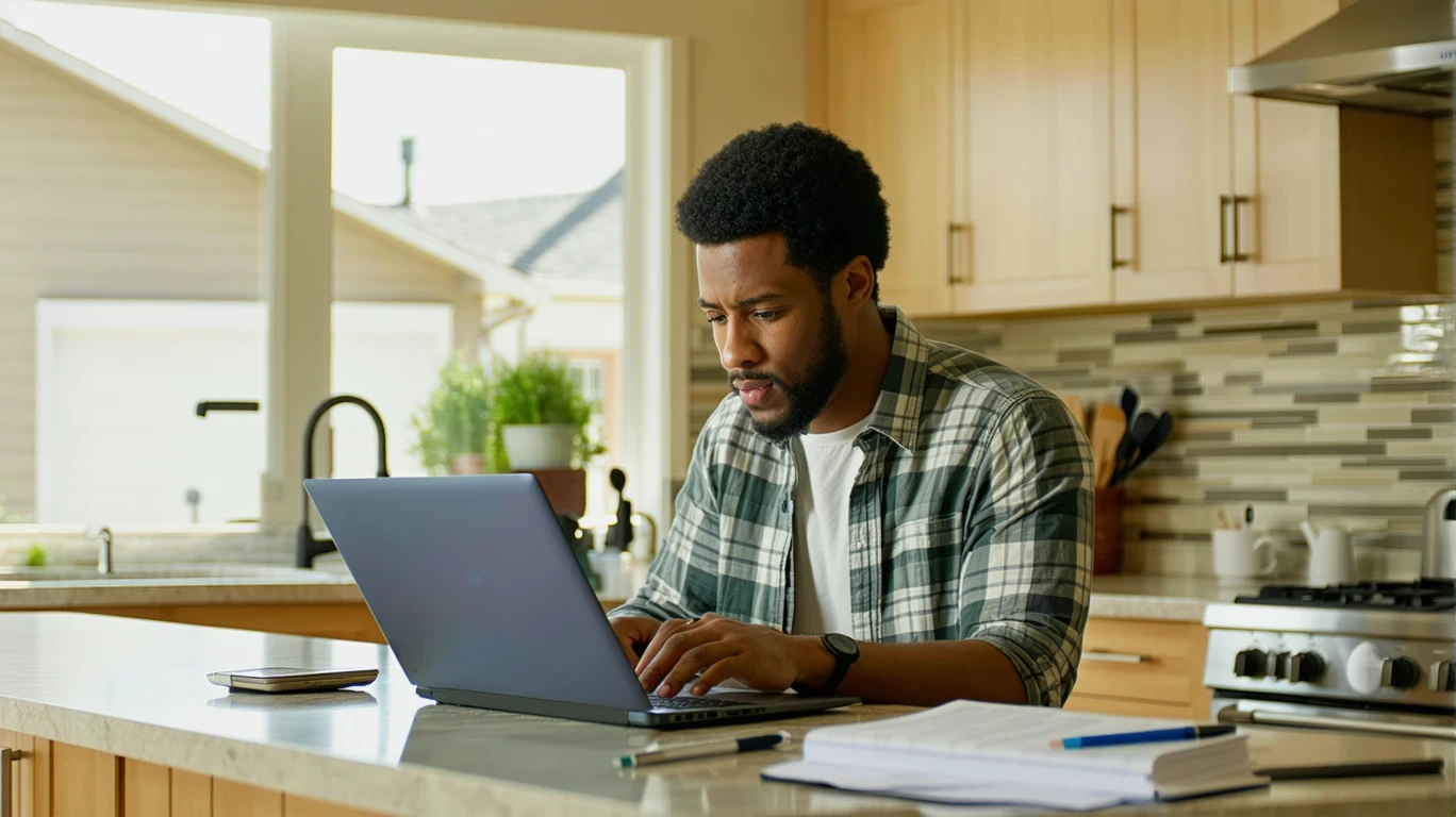 A single parent reviews their monthly budget on a laptop at their kitchen counter in Salt Lake City.