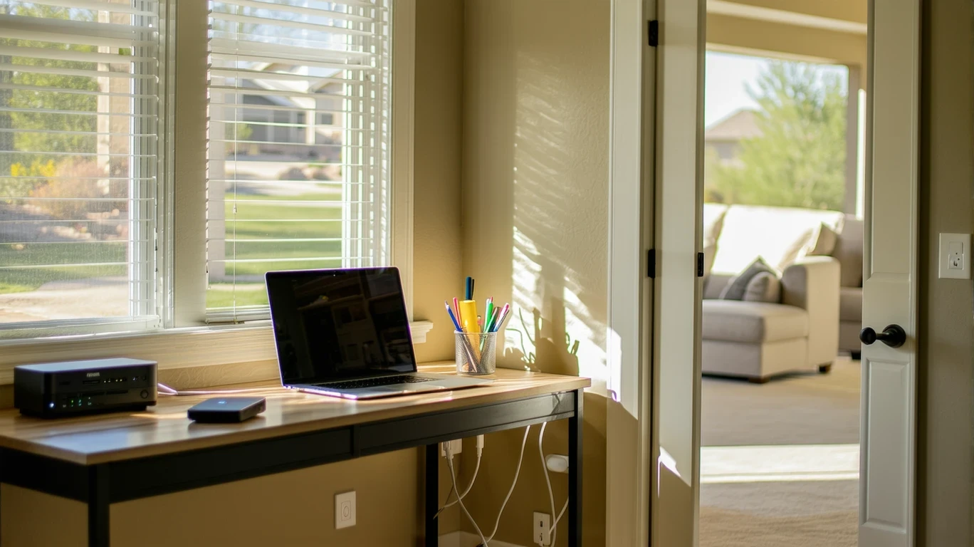 A tidy home office corner with an ethernet cable connecting to a modem and router on a small desk.
