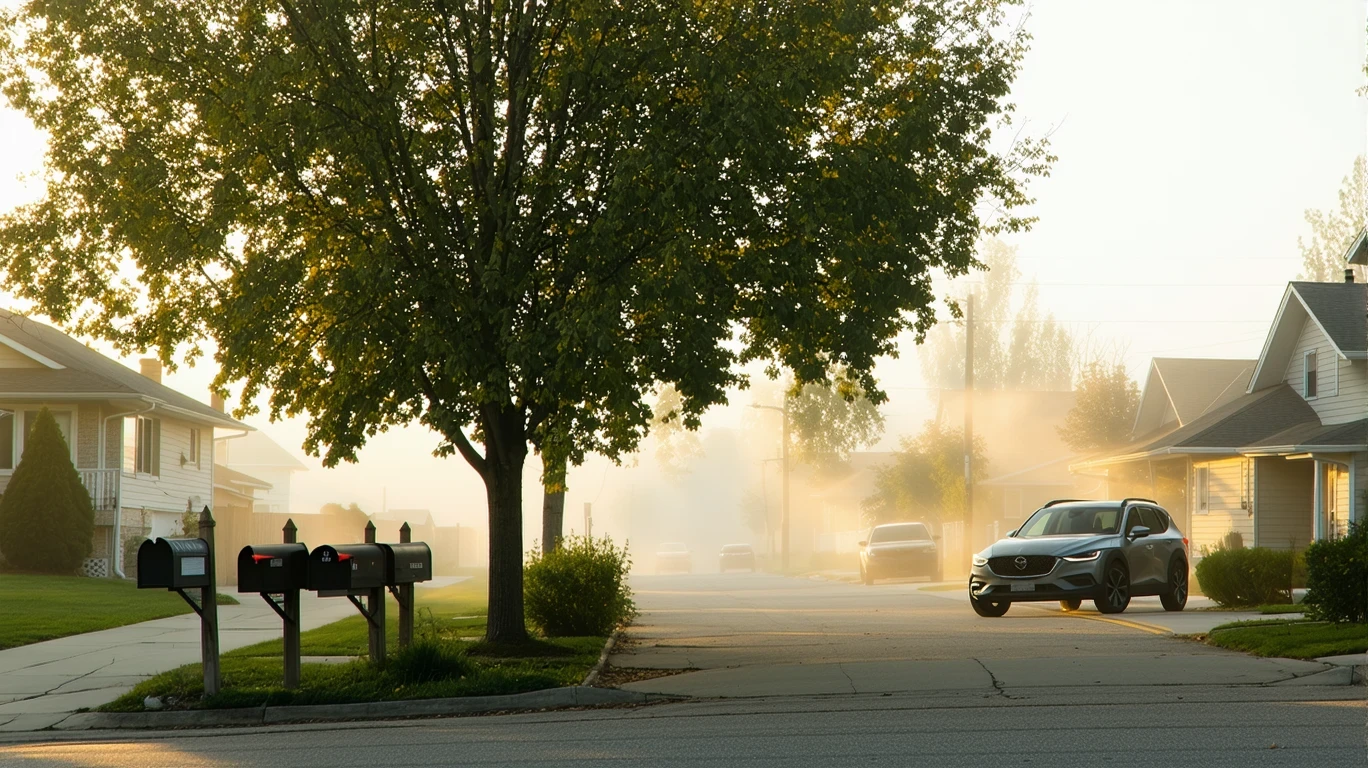 A foggy residential street in Salt Lake City with an old car parked under a maple tree and mailboxes in the foreground.