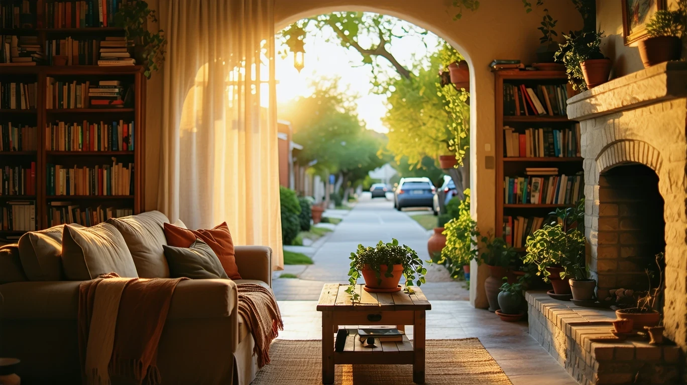 A sunlit living room with a couch, bookshelf, and succulent plant, evoking a cozy San Antonio home.