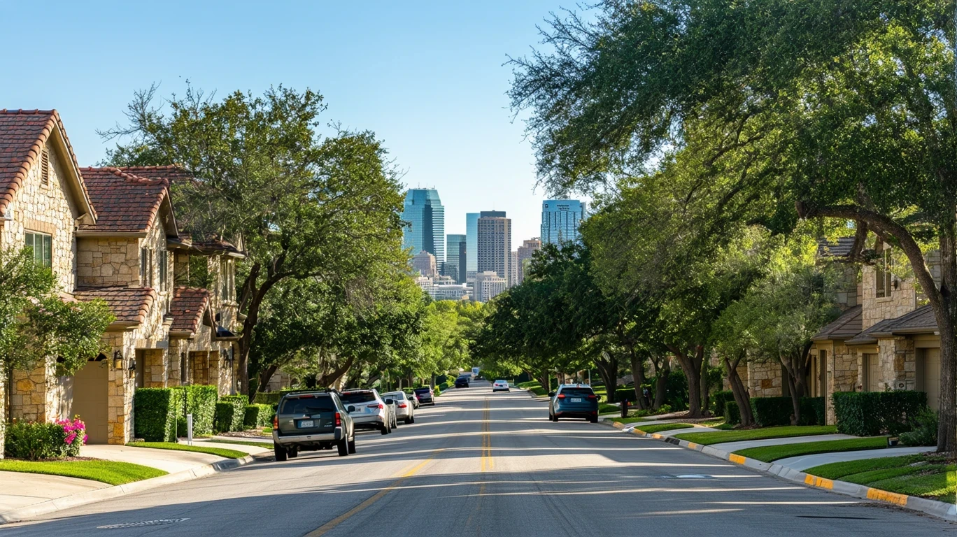 Tree-lined residential street in San Antonio with single-family homes and distant city skyline.